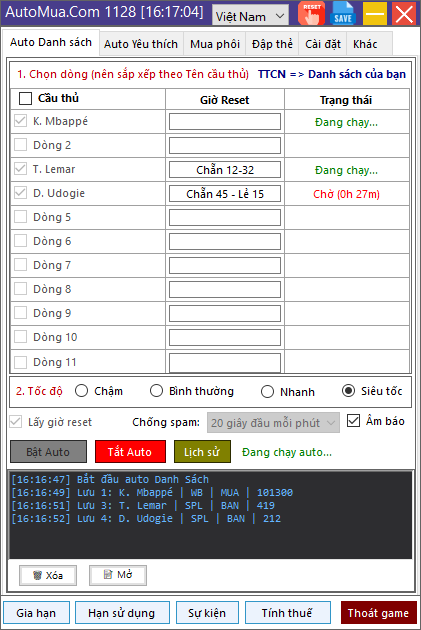 Giao diện Auto Danh Sách