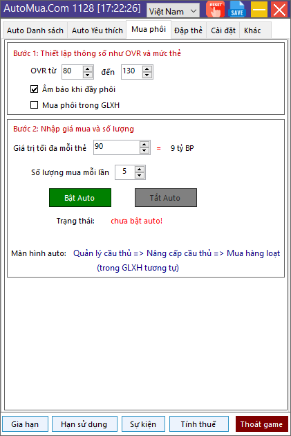 Giao diện Auto Mua Phôi