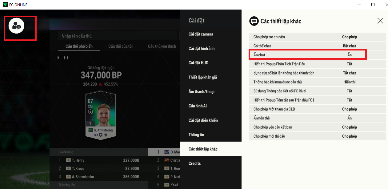 Tắt khung chat FC Online